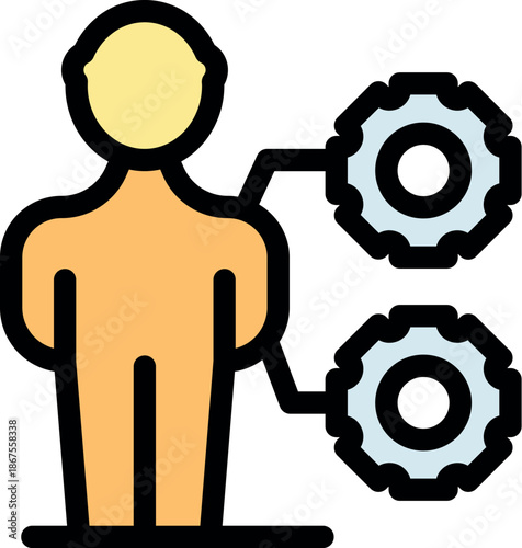 Person managing gear system, symbolizing workflow automation, business process optimization, and efficient task management