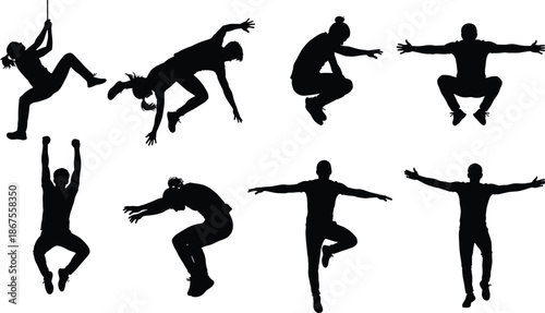 Set of eight black parkour and climbing silhouettes featuring athletes jumping, hanging, and performing urban extreme sports stunts on white background. (20 words)