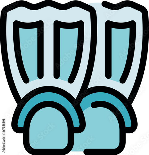 Cartoon style icon of a pair of blue and white flippers for water sports, representing summer activities and underwater exploration