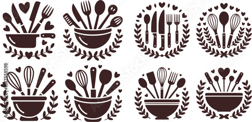 Vector set of kitchen utensil emblems with bowls, knives, whisks and heart elements. Black silhouette cooking icons perfect for logos, decor, prints and handmade design.