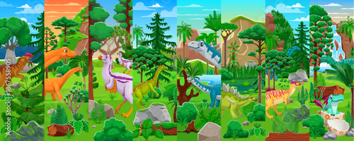 Prehistoric dinosaurs cartoon characters collage. Prehistoric dinosaurs banner, paleontology reptile collage with Monolophosaurus, Hypselosaurus, Anchisaurus and Barapasaurus in forest landscape