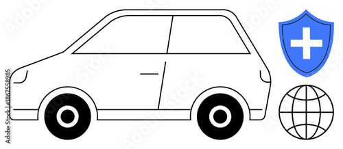 Road safety, transportation solutions, insurance policies, travel services, worldwide mobility, safety measures. A car with a shield and globe icon. Road safety and transportation solutions theme