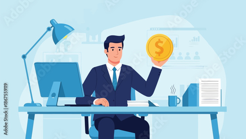 Businessman holding gold coin at office desk illustrating financial success