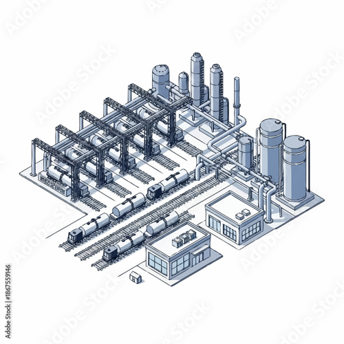 Industrial Complex with Trains and Storage Tanks.