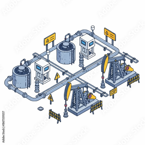 Industrial Oil Extraction Facility with Pumpjacks and Tanks.
