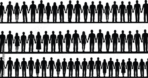 People, holding, hands, silhouette, group, men, women, unity, community, teamwork, togetherness, solidarity, diversity, cooperation, society, black, figures, isolated, white, background