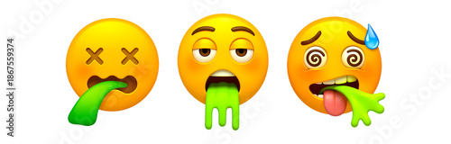 Throw up vomit emoji funny face clipart set with 3d cartoon yellow green puke on transparent background for meme emoticon symbol