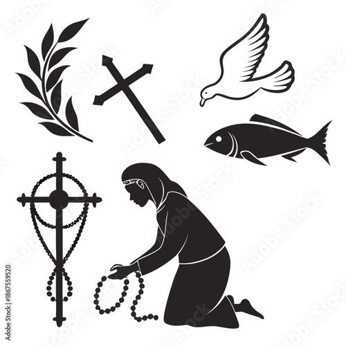 Silhouette of a person in prayer with religious symbols