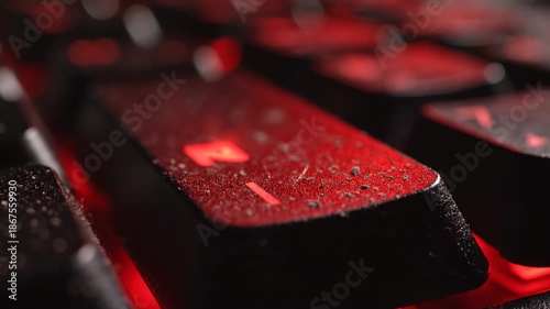Wallpaper Mural Abstract macro slow motion shot capturing the textured surface of a generic computer key illuminated by intensely flashing red light indicating a system breach keyboard, detail, glowing Torontodigital.ca
