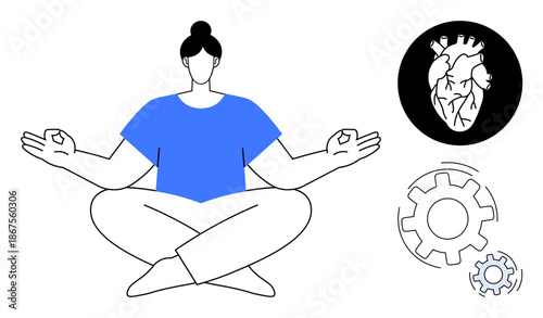 Mindfulness, wellness, health, emotional balance, productivity, and functionality. Person in a meditation pose with a heart symbol and gears. Mindfulness and wellness concept