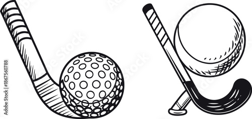 Golf Ball and Hockey Stick Vector Illustration – Hand Drawn Sports Equipment Set