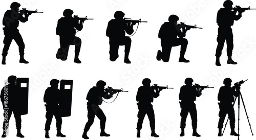 Military, soldier, silhouette, collection, armed, forces, combat, poses, tactical, action, weapon, army, security, defense, black, figures, isolated, white, background, concept