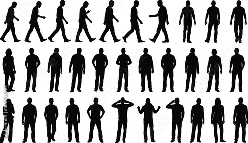 Male human silhouette collection, walking standing gesture poses, black people figures, daily activity actions, isolated vector illustration