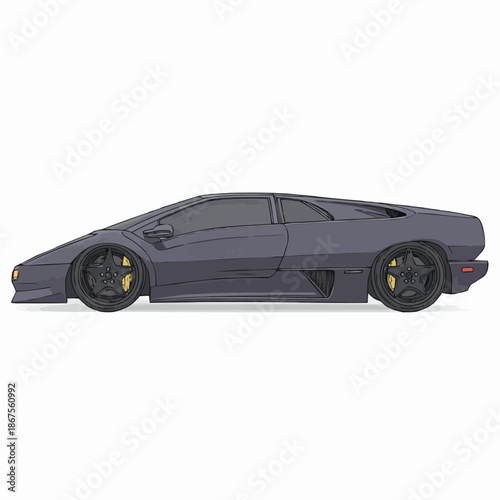 Luxury black sports car automobile isolated on white background featuring a fast modern transport design with expensive silver wheels and high speed motor style for race and drive enthusiasts