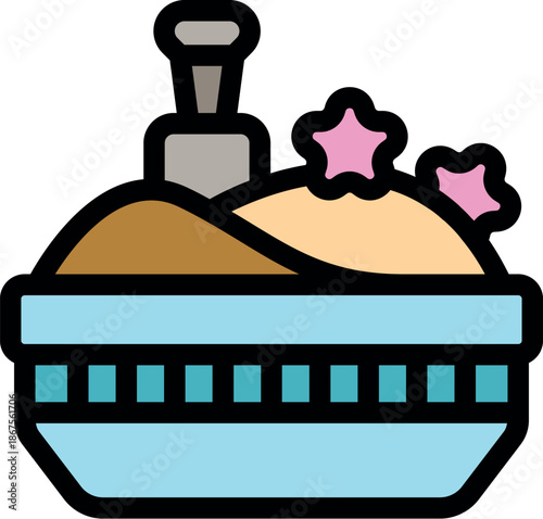 Plastic sandbox is filled with sand, decorated with starfishes and a small shovel, evoking a beach setting