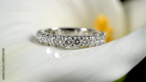 Wallpaper Mural Abstract macro view of a dazzling white gold diamond band slowly rotating on the pristine, smooth surface of a white Calla Lily petal reflecting soft studio lighting jewel, luxury, macro Torontodigital.ca