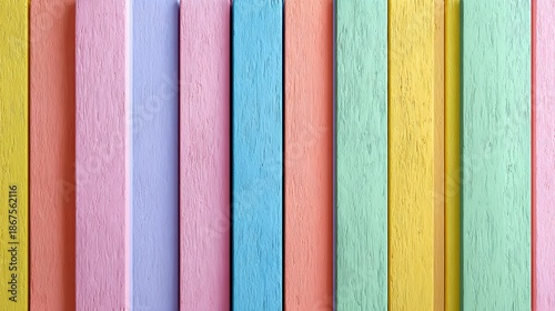 Colorful Wooden Texture: A close-up view presents a vibrant array of pastel-colored wooden planks arranged in a vertical pattern. This image is perfect for backgrounds and design.