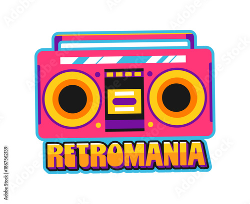 Music retromania Y2K groovy sticker or patch. Musical melody vector patch, radio audio record groovy Y2K tag. Festival concert sticker or label with pink cassette player and colorful typography