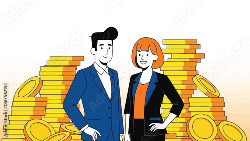 Corporate partners standing by huge gold coin stacks financial vector