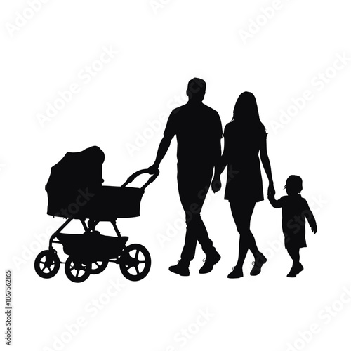 Happy family walking together with baby stroller