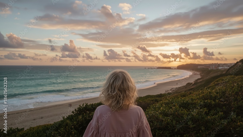 Fototapeta premium A woman overlooking the beach at sunset with clouds and ocean view.