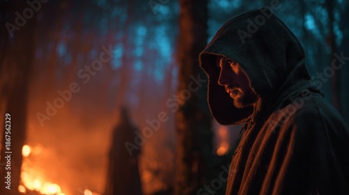 Man in a robe in the woods by a campfire. Mysterious concept, sect