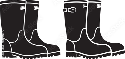 Rubber rain boots silhouettes, waterproof footwear icons for rainy weather isolated on white background.