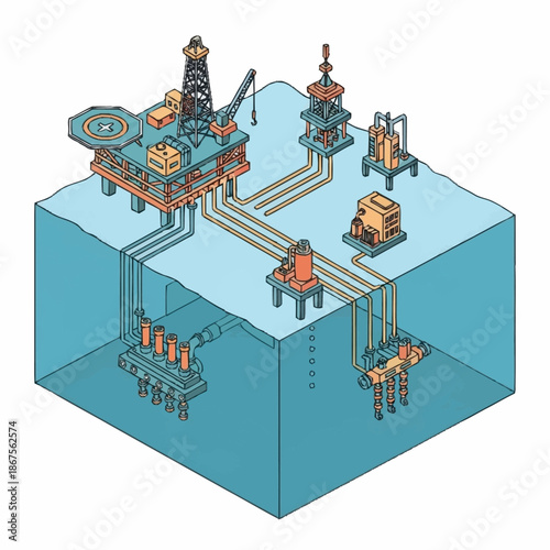 Offshore Oil Rig and Subsea Equipment Diagram.