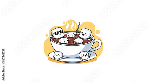 cute marshmallows relaxing in hot chocolate spa mug illustration