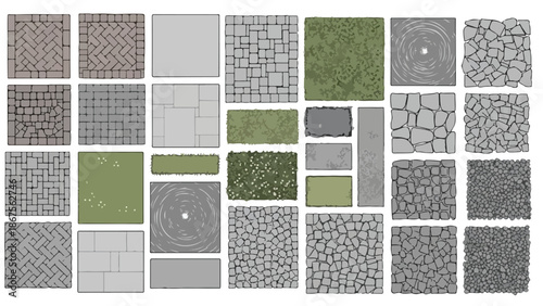 Top View Grey Stone and Green Grass Paving Tiles Set for Landscape Design