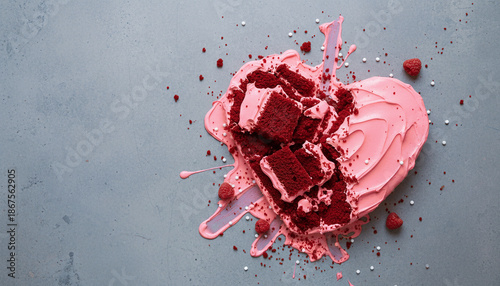 Broken heart shape pink cake dropped on floor symbolising heartbreak and love ending concept, alternative valentines concept, grief therapy