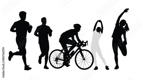Silhouette illustration of diverse people engaging in various fitness activities like running cycling and stretching on white background with exercise