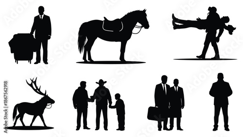 Collection of silhouettes depicting people in business attire and animals with illustration and graphic and professionals and black and white