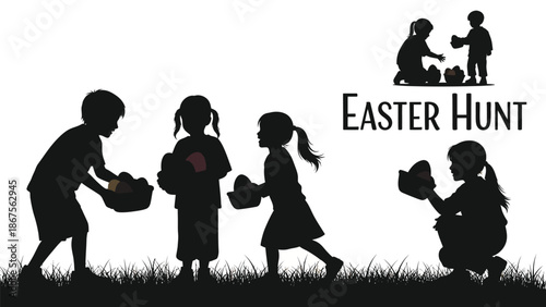 Silhouette of children on easter hunt with baskets in grass with Easter egg hunt and Holiday and Seasonal and Fun and Outdoor activity and Kids