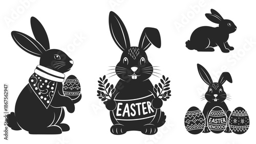 Black and white easter bunny illustrations with decorated eggs and leaves on a white background for holiday designs and greeting cards with graphic