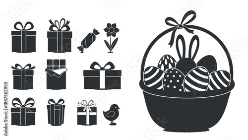Black and white easter basket with eggs and gift boxes illustration on white background with easter eggs and graphic design and holiday decor