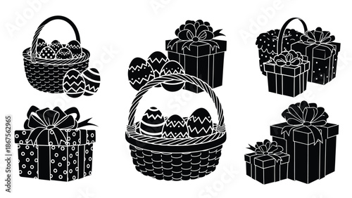 Black and white illustration of easter eggs in baskets and gift boxes with bows on white background with Easter basket and gift wrapping and holiday decoration