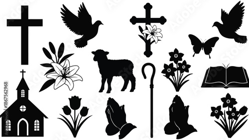 Christian religious symbols and icons collection with church dove cross lamb flowers bible shepherd staff and praying hands vector illustration