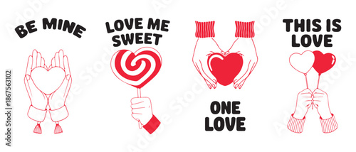 Valentine Love Quotes and Hands Illustration Set