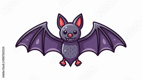 A cute, cartoon bat with purple wings and pink ears, standing on white