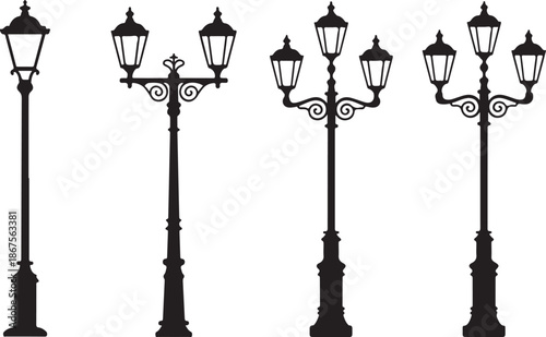 A grouping of four black silhouette illustrations displaying different ornate styles of vintage streetlights