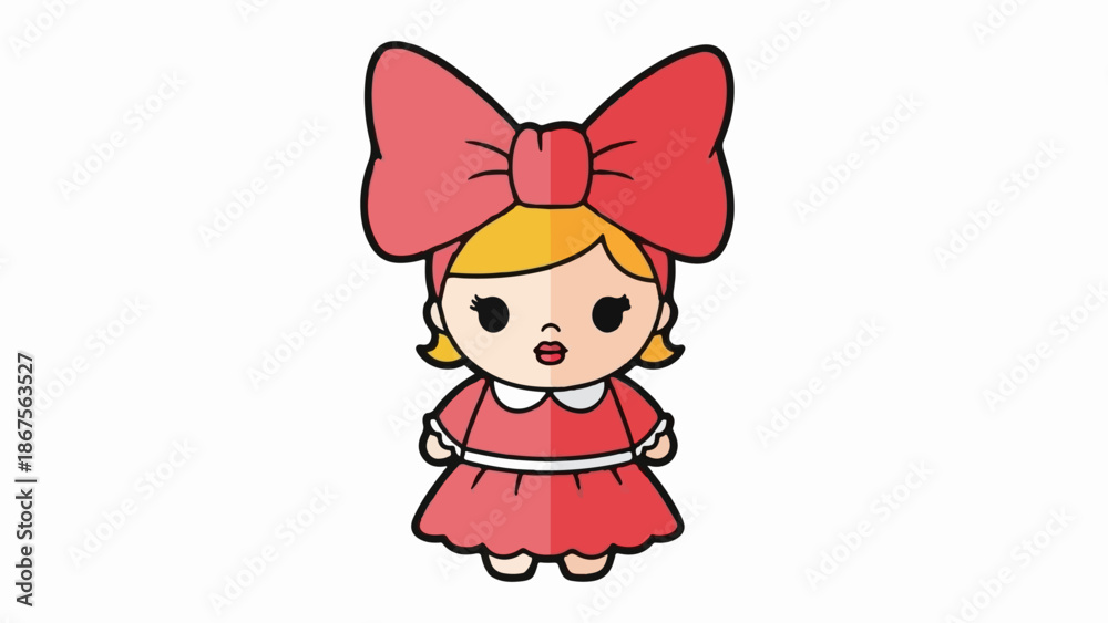 Obraz premium A cute cartoon girl with blonde hair, big red bow, and pink dress