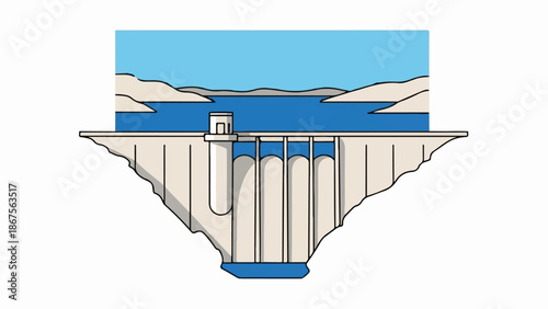 A concrete dam holds back a vast blue reservoir, with hills framing the horizon under a clear sky