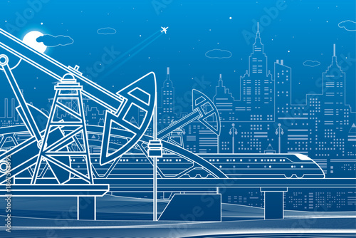 Train rides on the bridge. Three industrial pipes. Power plant, petroleum industry. City and transport illustration. Urban scene. White lines on blue background. Vector design art