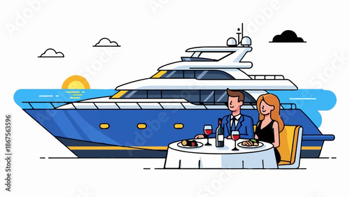 A couple enjoys a romantic dinner on a luxurious yacht at sunset
