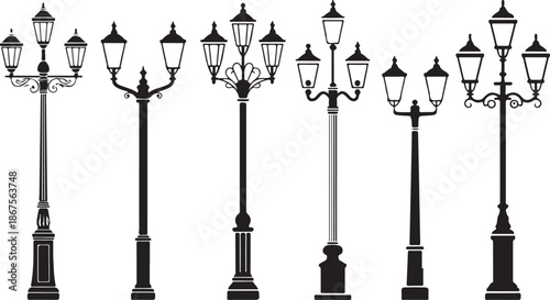 A collection of seven different vintage style street lamps and ornate lampposts in black silhouette on white