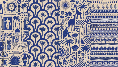 Seamless Blue and Beige Exotic Safari Jungle Animal Pattern Background
