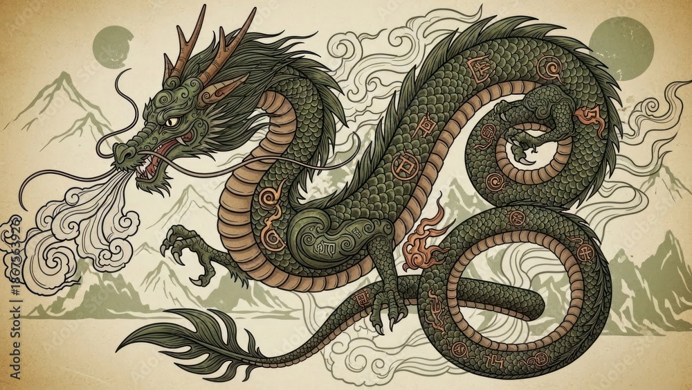 Obraz premium Stylized dragon illustration on textured background for decorative and creative use