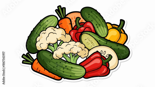 A colorful assortment of fresh vegetables, including cucumbers, carrots, cauliflower, and peppers