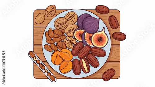 A colorful assortment of healthy dried fruits and nuts, artfully arranged on a wooden surface